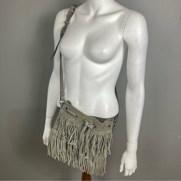 Patricia Nash Bronte Gray Suede Bohemian Drawstring Bucket Bag fringe - Picture 2 of 16